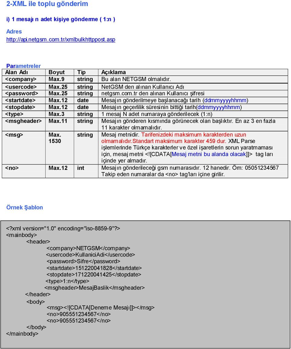 12 date Mesajın gönderilmeye başlanacağı tarih (ddmmyyyyhhmm) <stopdate> Max.12 date Mesajın geçerlilik süresinin bittiği tarih(ddmmyyyyhhmm) <type> Max.