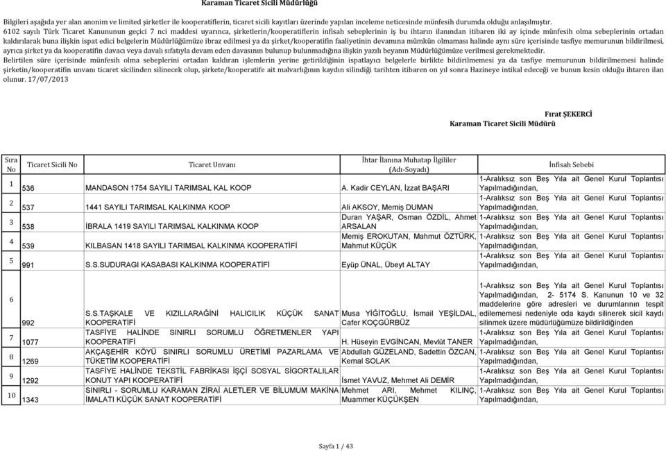 6102 sayılı Türk Ticaret Kanununun geçici 7 nci maddesi uyarınca, şirketlerin/kooperatiflerin infisah sebeplerinin iş bu ihtarın ilanından itibaren iki ay içinde münfesih olma sebeplerinin ortadan