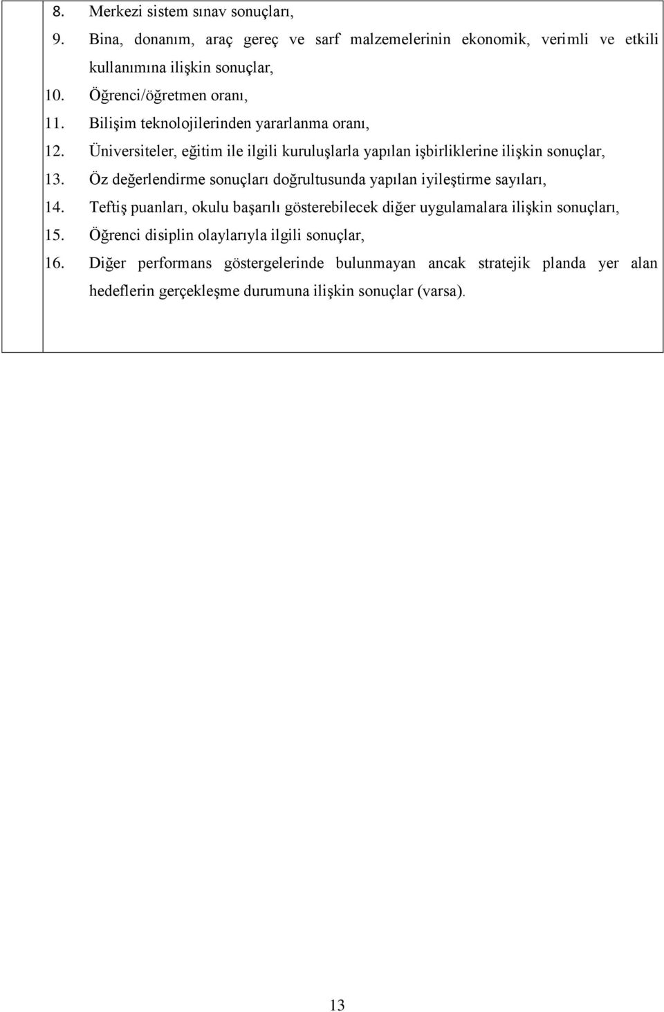 Öz değerlendirme sonuçları doğrultusunda yapılan iyileştirme sayıları, 14. Teftiş puanları, okulu başarılı gösterebilecek diğer uygulamalara ilişkin sonuçları, 15.