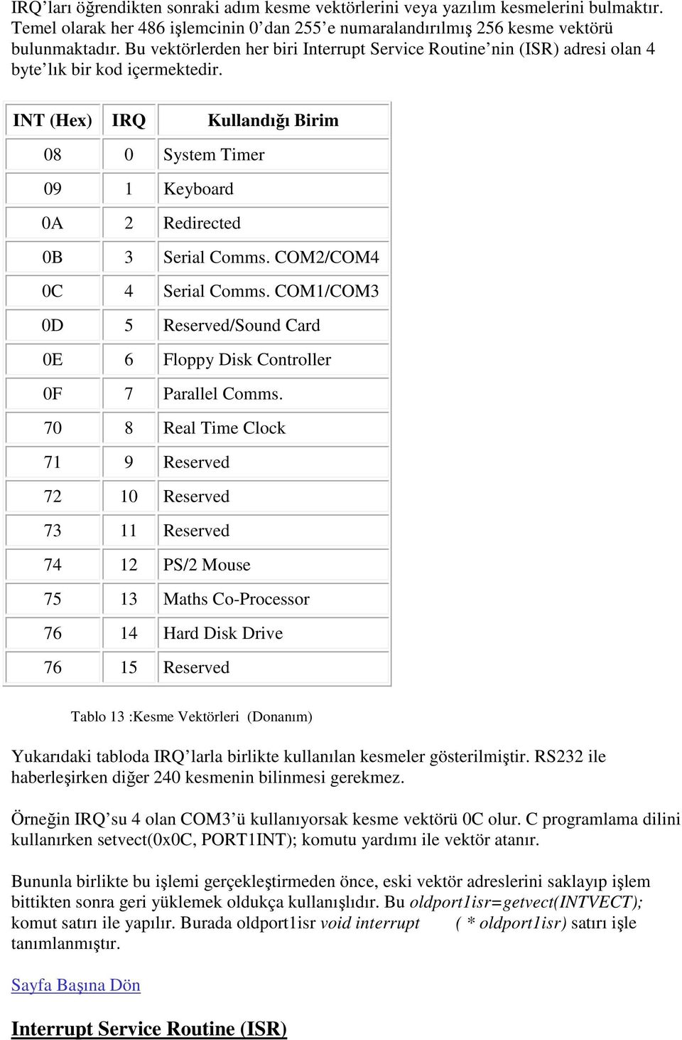 INT (Hex) IRQ Kullandığı Birim 08 0 System Timer 09 1 Keyboard 0A 2 Redirected 0B 3 Serial Comms. COM2/COM4 0C 4 Serial Comms.