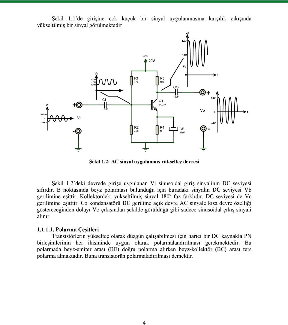 2 deki devrede girişe uygulanan Vi sinusoidal giriş sinyalinin DC seviyesi sıfırdır. B noktasında beyz polarması bulunduğu için buradaki sinyalin DC seviyesi Vb gerilimine eşittir.