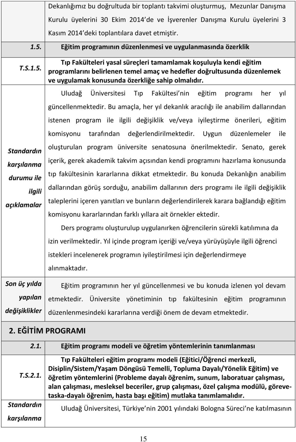 Standardın karşılanma durumu ile ilgili açıklamalar Son üç yılda yapılan değişiklikler Tıp Fakülteleri yasal süreçleri tamamlamak koşuluyla kendi eğitim programlarını belirlenen temel amaç ve