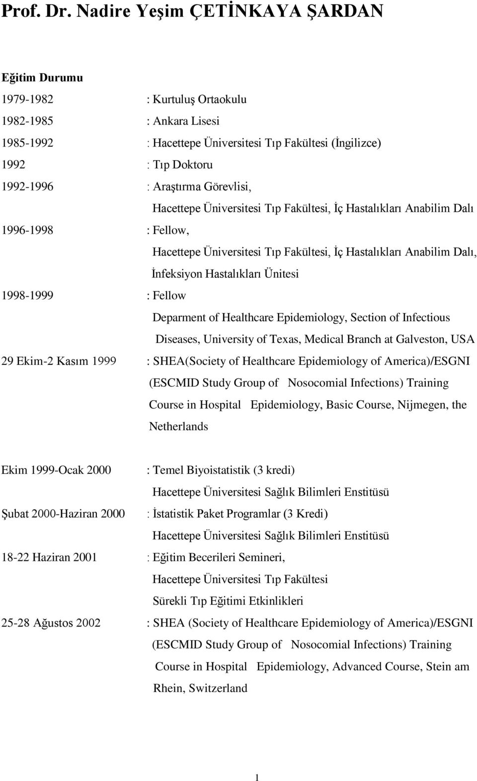 Araştırma Görevlisi, Hacettepe Üniversitesi Tıp Fakültesi, İç Hastalıkları Anabilim Dalı 1996-1998 : Fellow, Hacettepe Üniversitesi Tıp Fakültesi, İç Hastalıkları Anabilim Dalı, İnfeksiyon