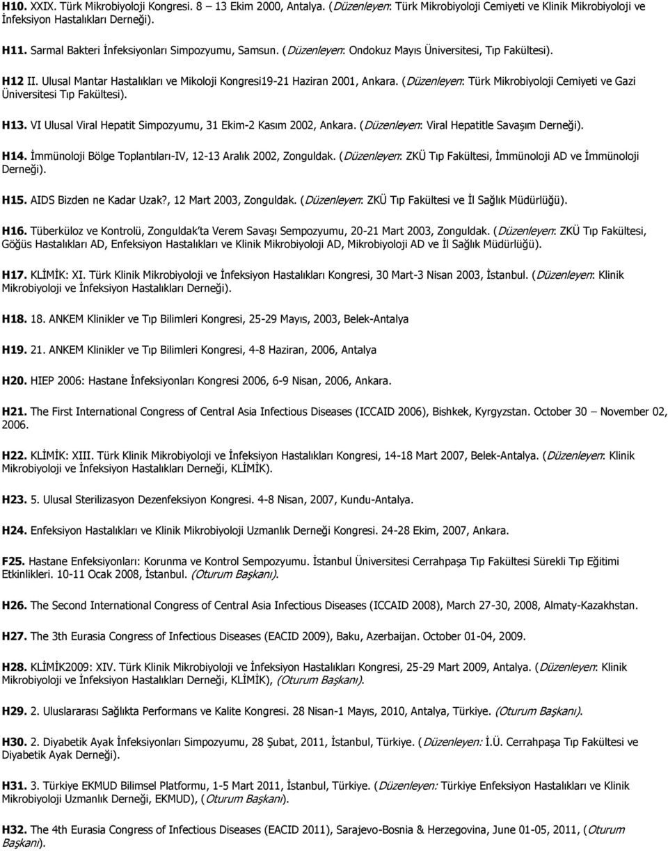 (Düzenleyen: Türk Mikrobiyoloji Cemiyeti ve Gazi Üniversitesi Tıp Fakültesi). H13. VI Ulusal Viral Hepatit Simpozyumu, 31 Ekim-2 Kasım 2002, Ankara. (Düzenleyen: Viral Hepatitle Savaşım Derneği). H14.