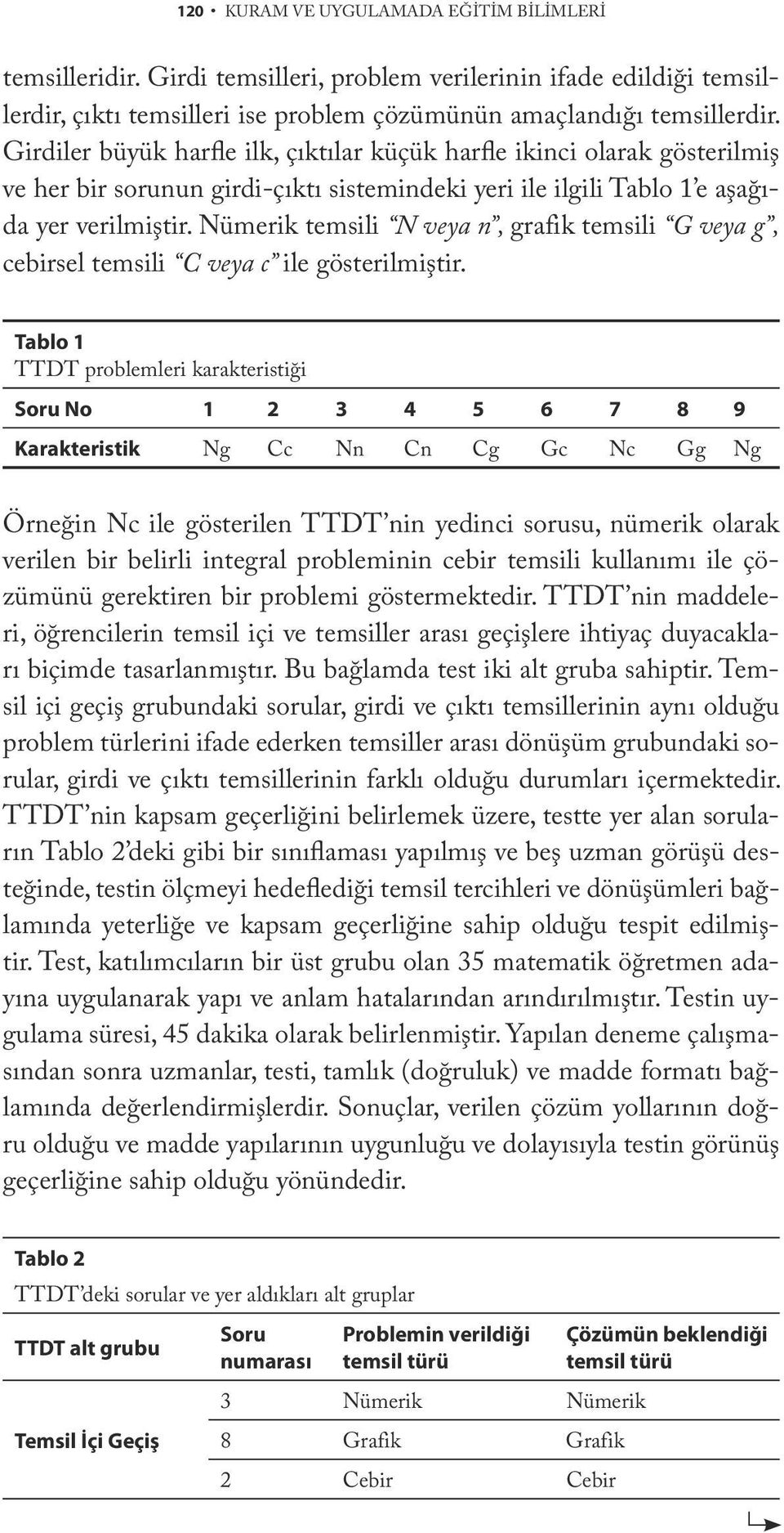 Nümerik temsili N veya n, grafik temsili G veya g, cebirsel temsili C veya c ile gösterilmiştir.