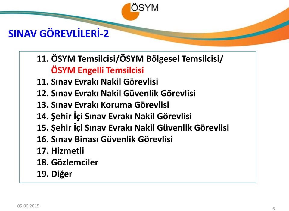 Sınav Evrakı Koruma Görevlisi 14. Şehir İçi Sınav Evrakı Nakil Görevlisi 15.