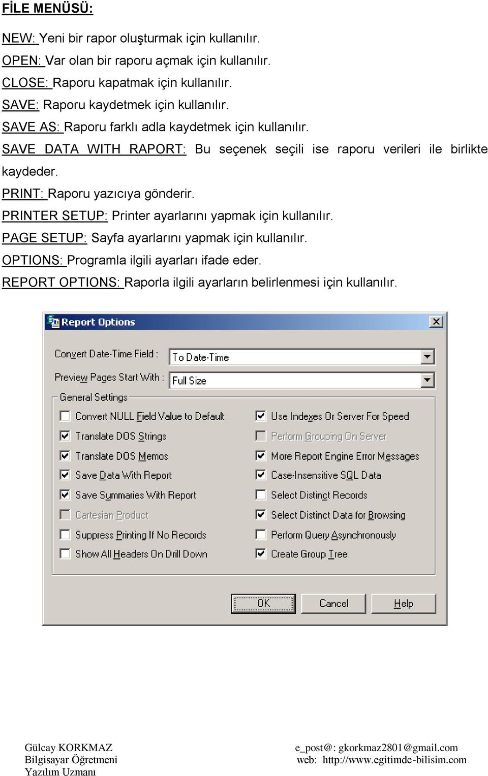 SAVE DATA WITH RAPORT: Bu seçenek seçili ise raporu verileri ile birlikte kaydeder. PRINT: Raporu yazıcıya gönderir.