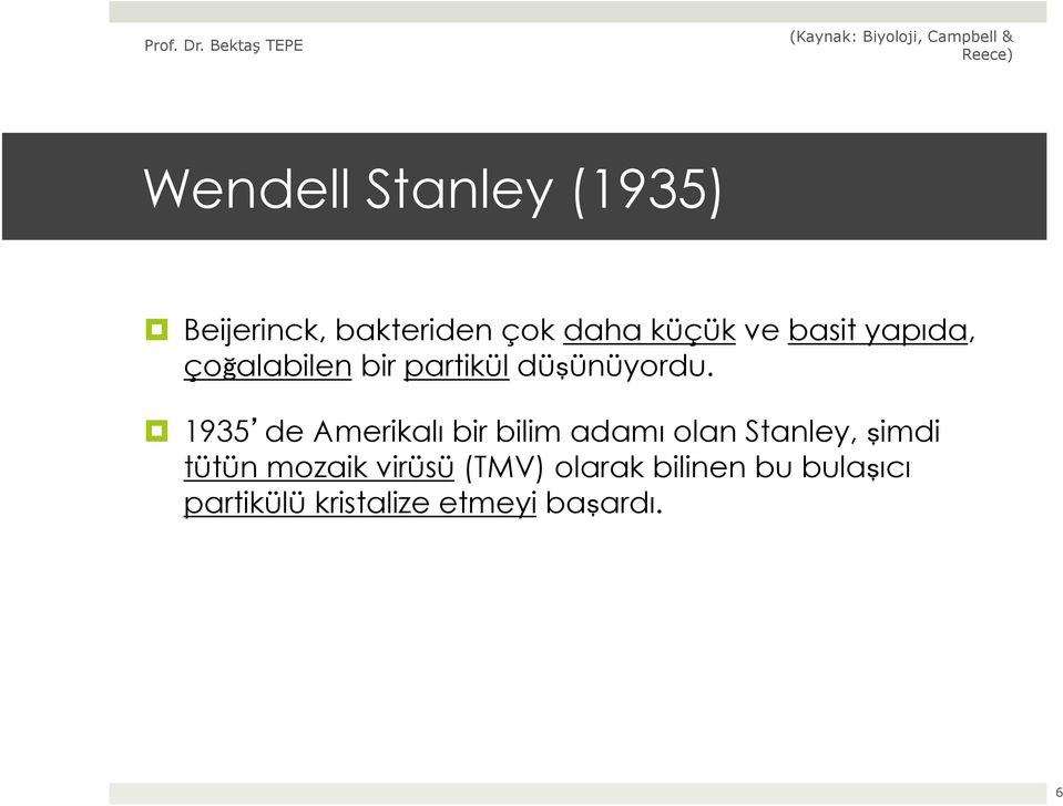 1935 de Amerikalı bir bilim adamı olan Stanley, şimdi tütün