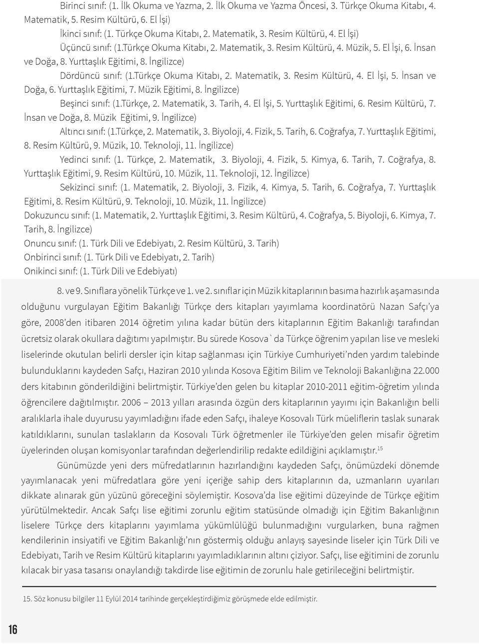 Türkçe Okuma Kitabı, 2. Matematik, 3. Resim Kültürü, 4. El İşi, 5. İnsan ve Doğa, 6. Yurttaşlık Eğitimi, 7. Müzik Eğitimi, 8. İngilizce) Beşinci sınıf: (1.Türkçe, 2. Matematik, 3. Tarih, 4. El İşi, 5. Yurttaşlık Eğitimi, 6.