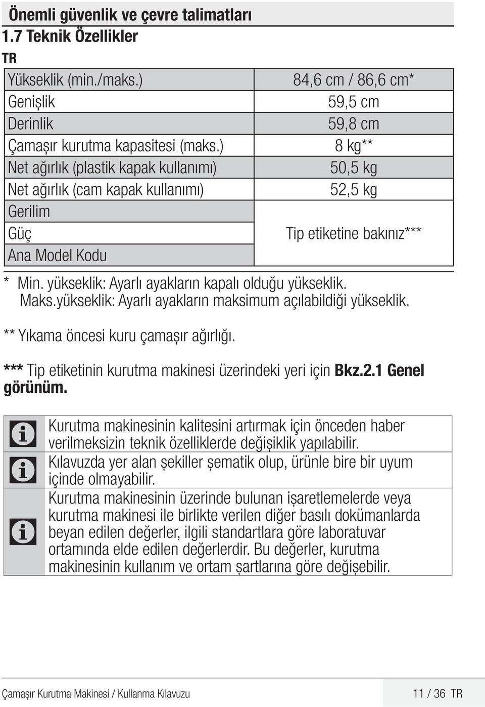 yükseklik: Ayarlı ayakların kapalı olduğu yükseklik. Maks.yükseklik: Ayarlı ayakların maksimum açılabildiği yükseklik. ** Yıkama öncesi kuru çamaşır ağırlığı.