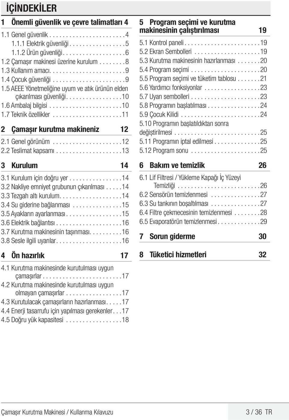 ............... 10 1.6 Ambalaj bilgisi...................... 10 1.7 Teknik özellikler..................... 11 2 Çamaşır kurutma makineniz 12 2.1 Genel görünüm..................... 12 2.2 Teslimat kapsamı.