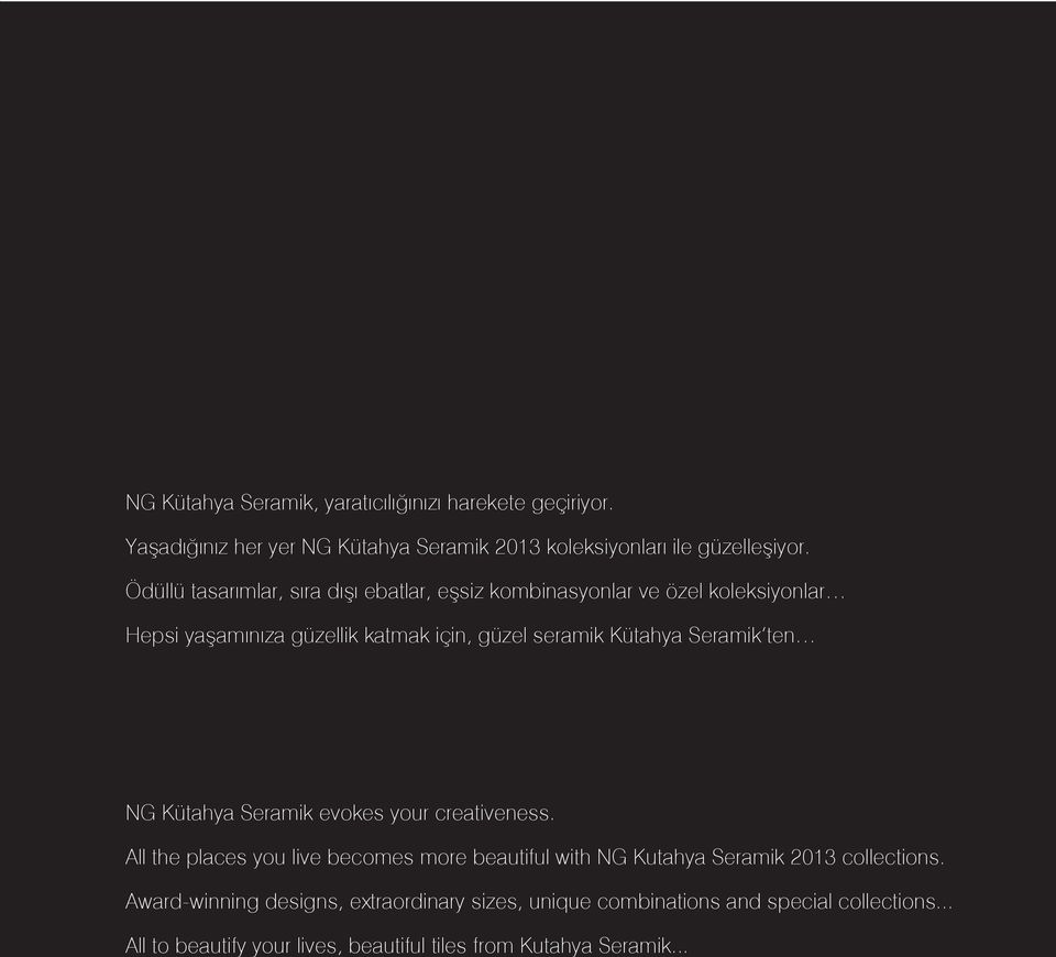 Seramik ten NG Kütahya Seramik evokes your creativeness. All the places you live becomes more beautiful with NG Kutahya Seramik 2013 collections.