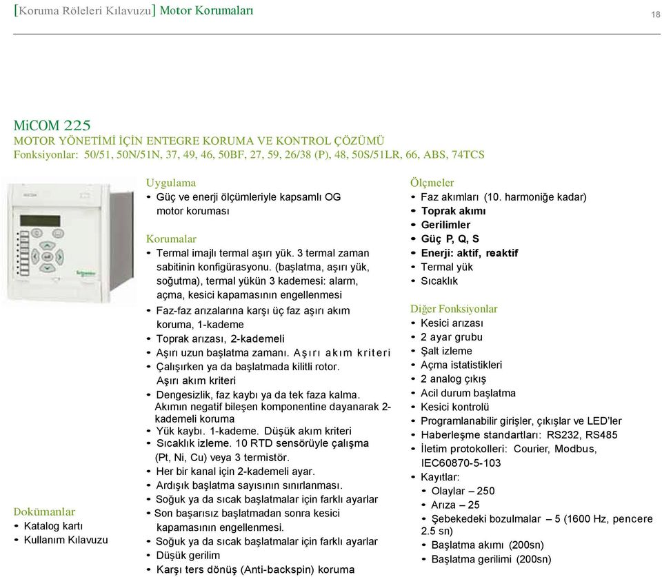 (başlatma, aşırı yük, soğutma), termal yükün 3 kademesi: alarm, açma, kesici kapamasının engellenmesi Faz-faz arızalarına karşı üç faz aşırı akım koruma, 1-kademe Toprak arızası, 2-kademeli Aşırı
