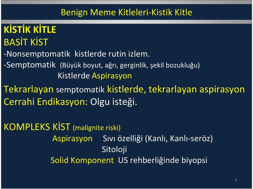 semptomatik kistlerde, tekrarlayan aspirasyon Cerrahi Endikasyon: Olgu isteği.