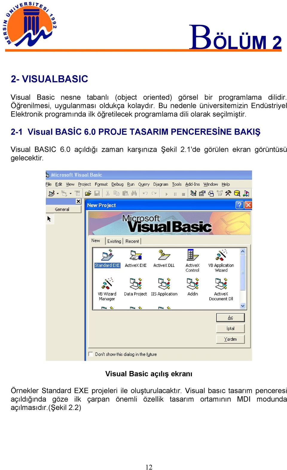 0 PROJE TASARIM PENCERESİNE BAKIŞ Visual BASIC 6.0 açıldığı zaman karşınıza Şekil 2.1'de görülen ekran görüntüsü gelecektir.