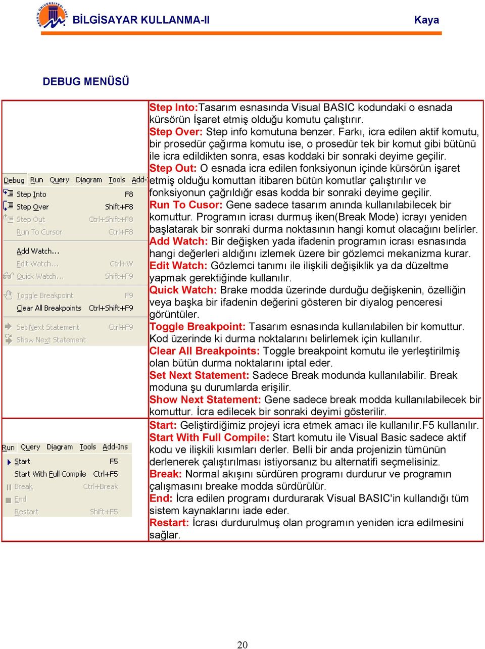 Step Out: O esnada icra edilen fonksiyonun içinde kürsörün işaret etmiş olduğu komuttan itibaren bütün komutlar çalıştırılır ve fonksiyonun çağrıldığr esas kodda bir sonraki deyime geçilir.