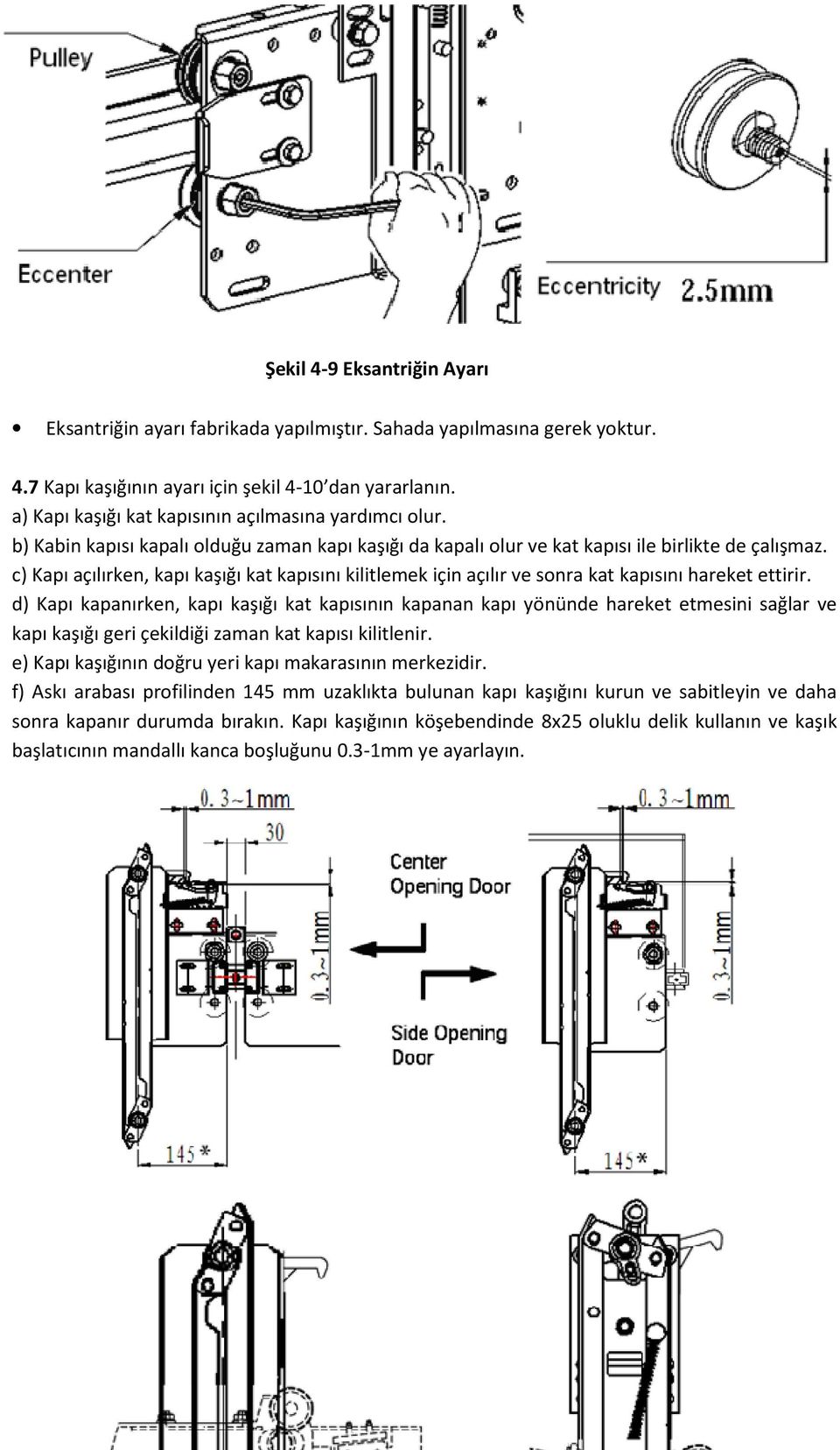 c) Kapı açılırken, kapı kaşığı kat kapısını kilitlemek için açılır ve sonra kat kapısını hareket ettirir.