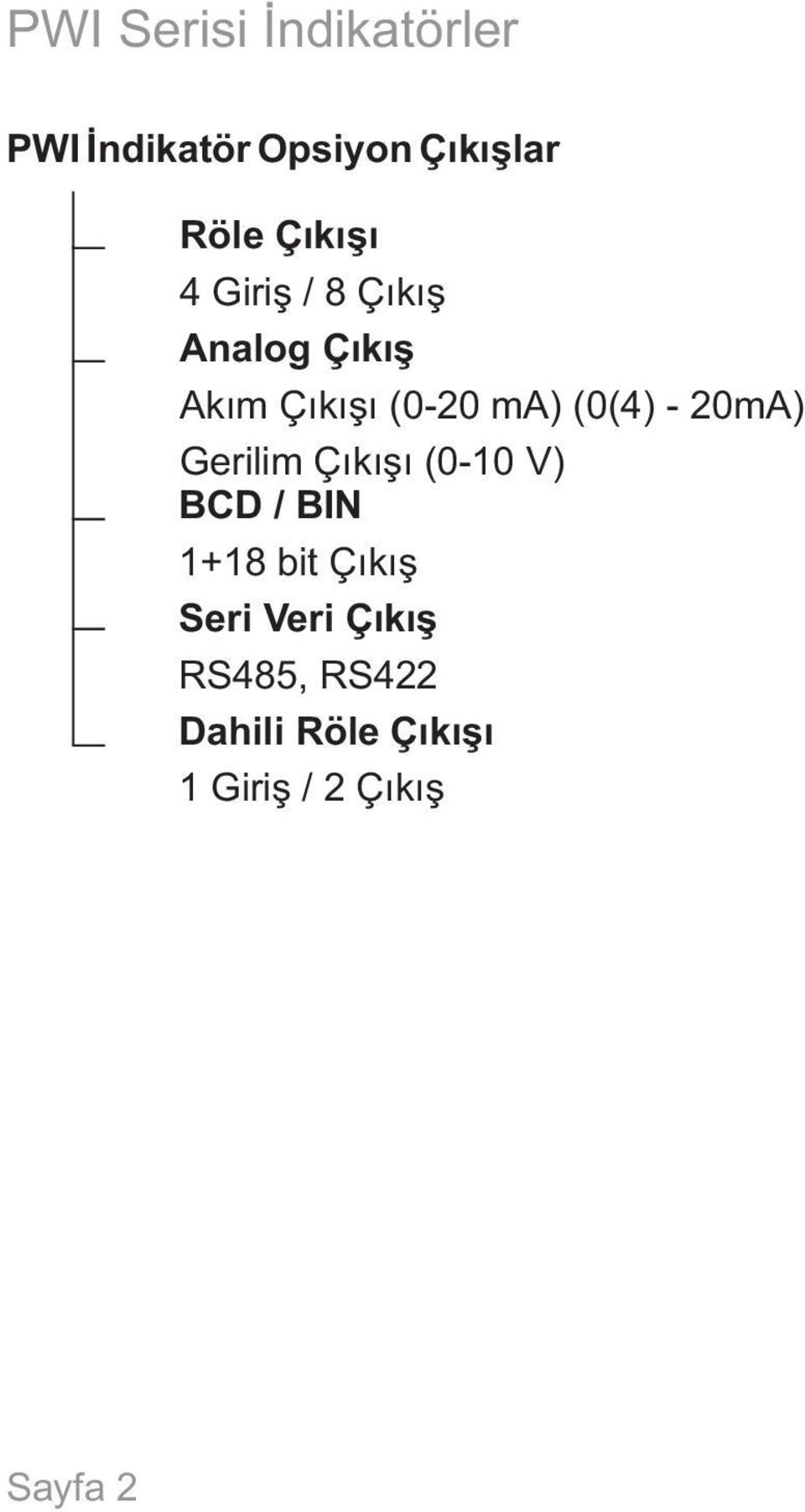 (0(4) - 20mA) Gerilim Çıkışı (0-10 V) BCD / BIN 1+18 bit Çıkış