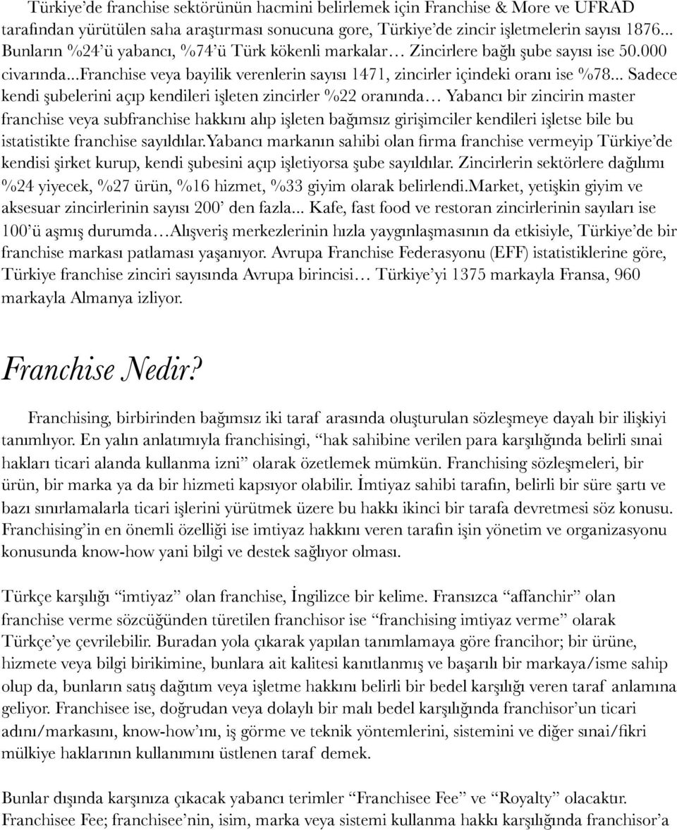 .. Sadece kendi şubelerini açıp kendileri işleten zincirler %22 oranında Yabancı bir zincirin master franchise veya subfranchise hakkını alıp işleten bağımsız girişimciler kendileri işletse bile bu