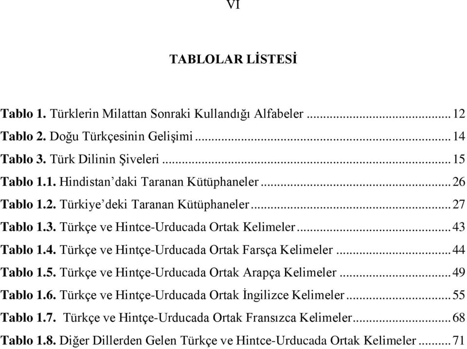 Tablo 1.4. Türkçe ve Hintçe-Urducada Ortak Farsça Kelimeler... 44 Tablo 1.5. Türkçe ve Hintçe-Urducada Ortak Arapça Kelimeler... 49 Tablo 1.6.