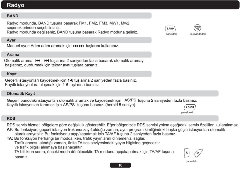 Kayıt Geçerli istasyonları kaydetmek için 1-6 tuşlarına 2 saniyeden fazla basınız. Kayıtlı istasyonlara ulaşmak için 1-6 tuşlarına basınız.