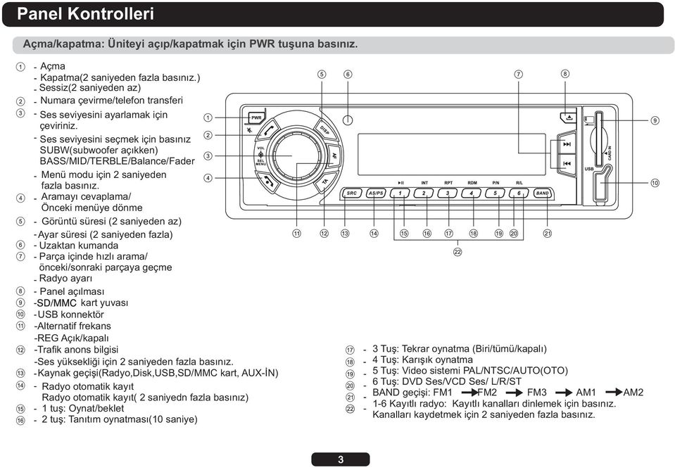 Ses seviyesini seçmek için basınız SUBW(subwoofer açıkken) BASS/MID/TERBLE/Balance/Fader Menü modu için 2 saniyeden fazla basınız.