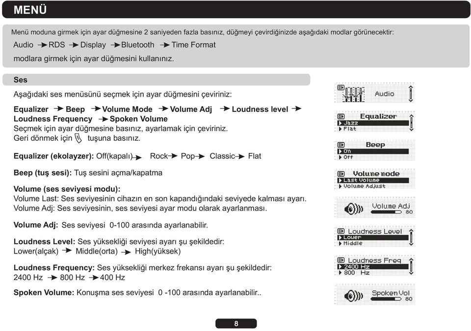 Ses Aşağıdaki ses menüsünü seçmek için ayar düğmesini çeviriniz: Equalizer Beep Volume Mode Volume Adj Loudness level Loudness Frequency Spoken Volume Seçmek için ayar düğmesine basınız, ayarlamak