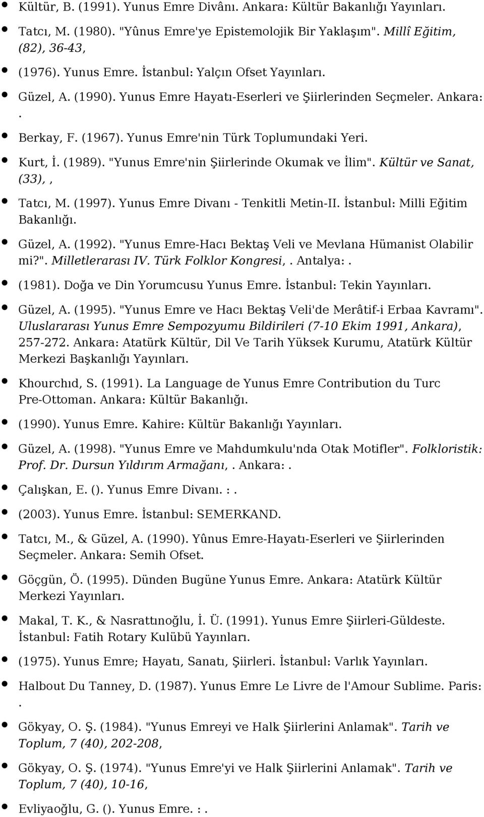 Kültür ve Sanat, (33),, Tatcı, M. (1997). Yunus Emre Divanı - Tenkitli Metin-II. İstanbul: Milli Eğitim Bakanlığı. Güzel, A. (1992). "Yunus Emre-Hacı Bektaş Veli ve Mevlana Hümanist Olabilir mi?". Milletlerarası IV.