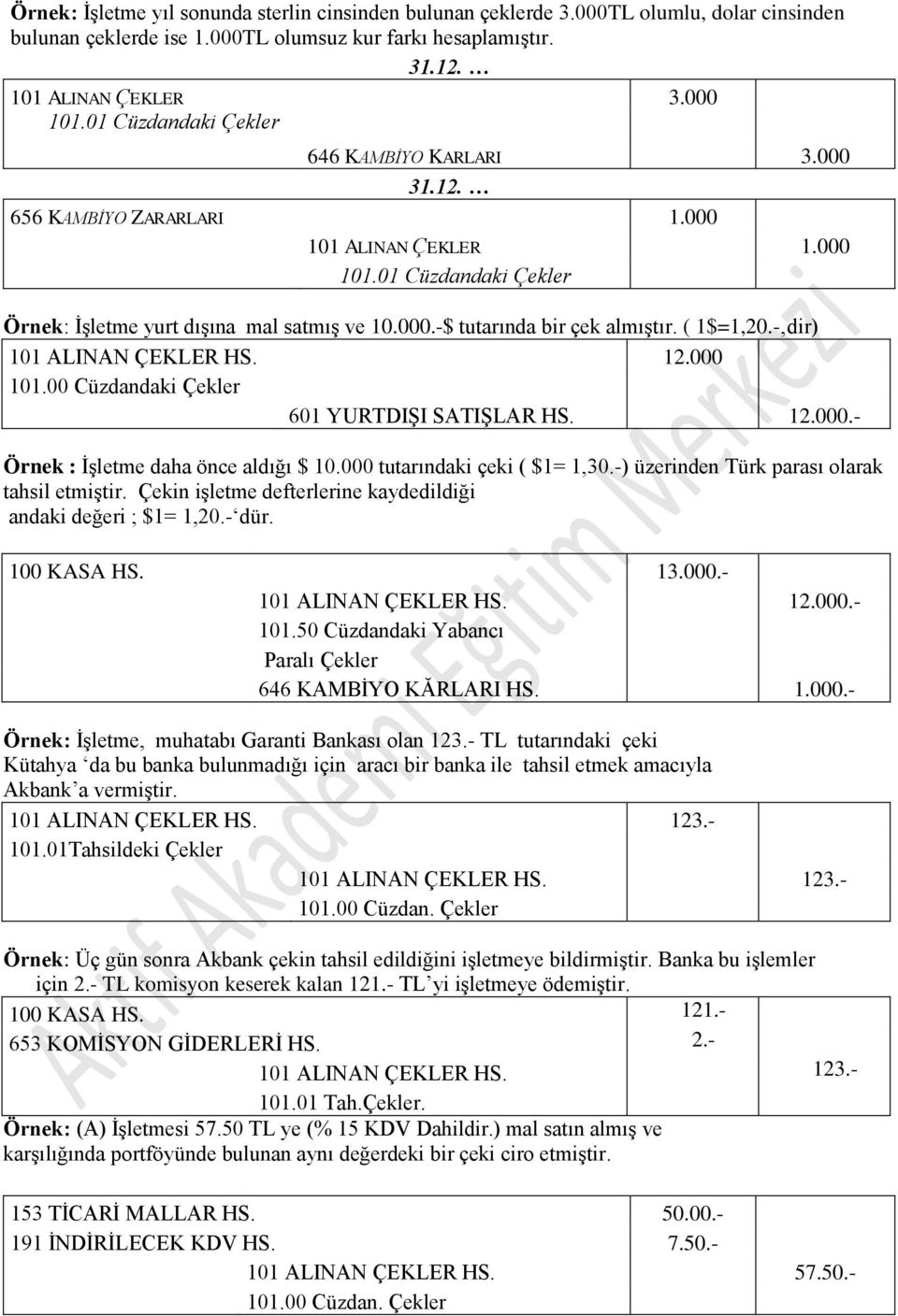 ( 1$=1,20.- dir) 101 ALINAN ÇEKLER HS. 12.000 101.00 Cüzdandaki Çekler 601 YURTDIŞI SATIŞLAR HS. 12.000.- Örnek : İşletme daha önce aldığı $ 10.000 tutarındaki çeki ( $1= 1,30.