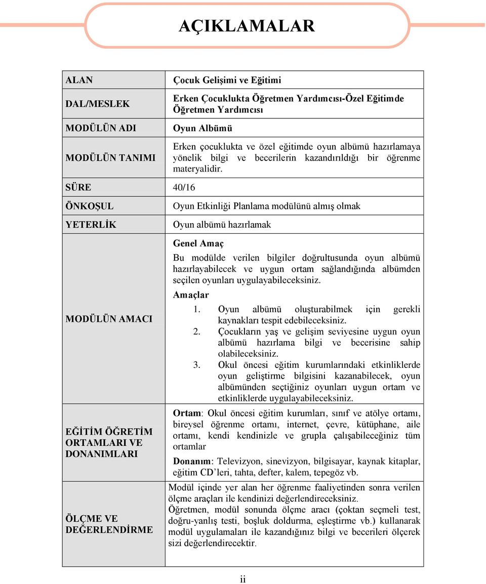 SÜRE 40/16 ÖNKOġUL YETERLĠK MODÜLÜN AMACI EĞĠTĠM ÖĞRETĠM ORTAMLARI VE DONANIMLARI ÖLÇME VE DEĞERLENDĠRME Oyun Etkinliği Planlama modülünü almıģ olmak Oyun albümü hazırlamak Genel Amaç Bu modülde