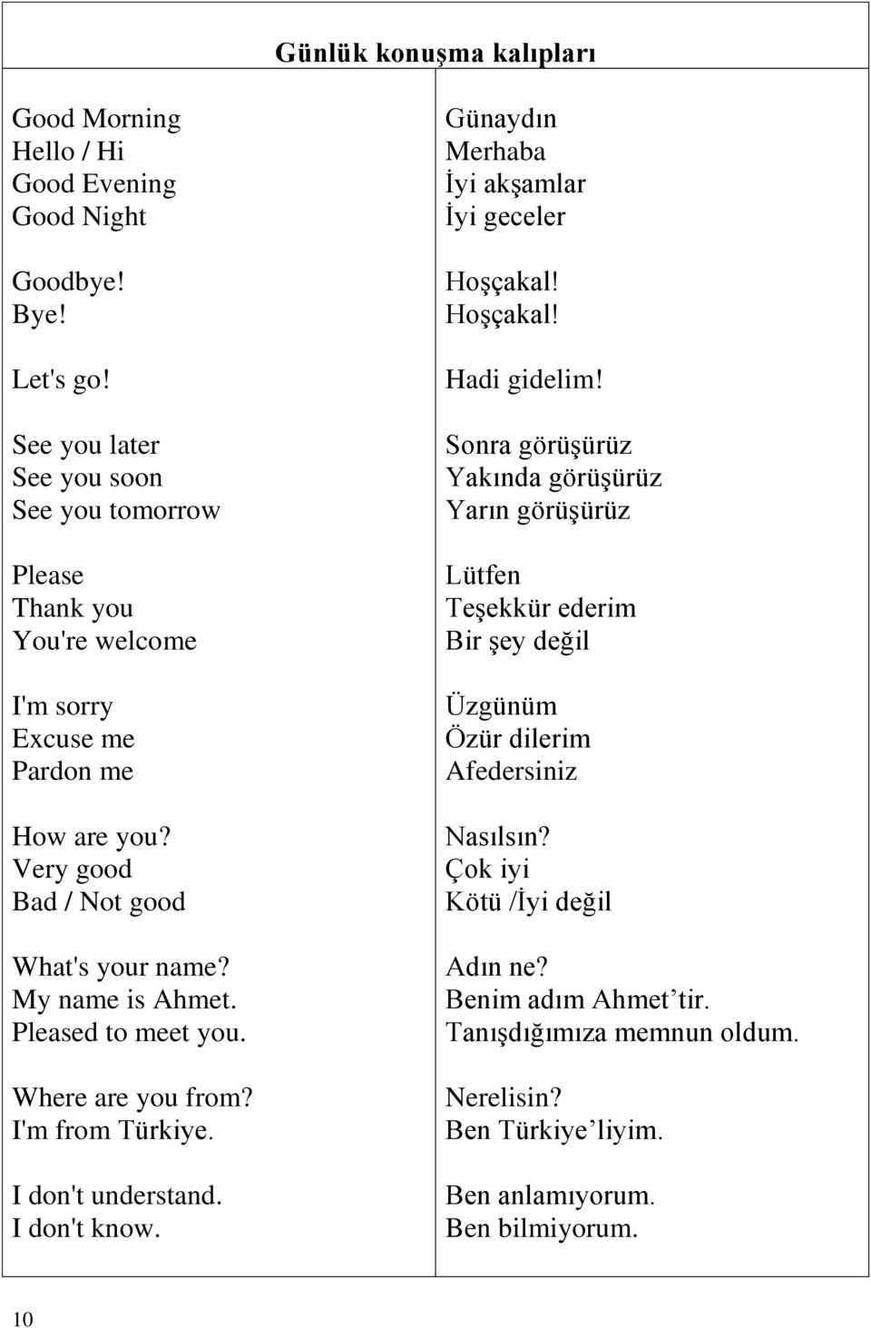 Pleased to meet you. Where are you from? I'm from Türkiye. I don't understand. I don't know. Günaydın Merhaba İyi akşamlar İyi geceler Hoşçakal! Hoşçakal! Hadi gidelim!