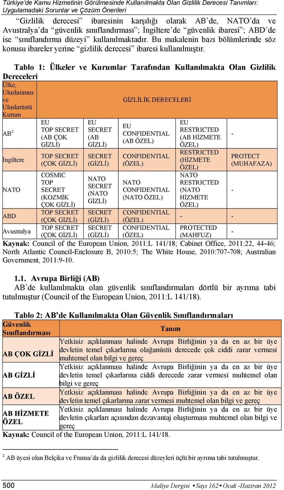 Bu makalenin bazı bölümlerinde söz konusu ibareler yerine gizlilik derecesi ibaresi kullanılmıştır.