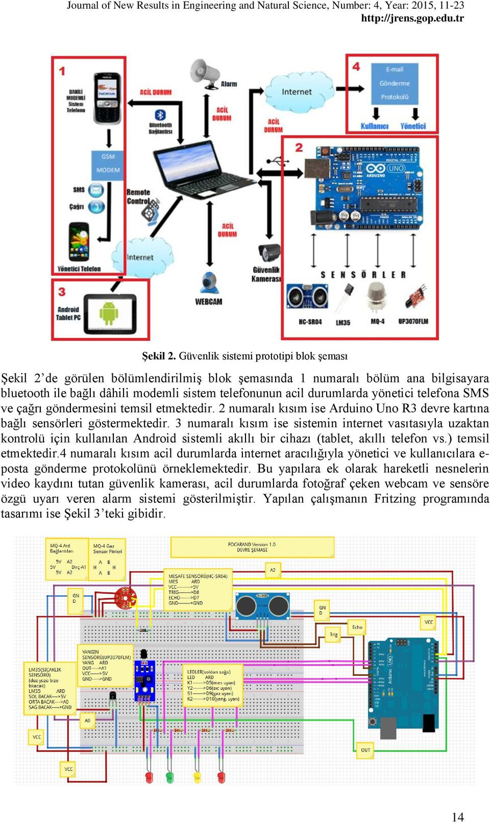 yönetici telefona SMS ve çağrı göndermesini temsil etmektedir. 2 numaralı kısım ise Arduino Uno R3 devre kartına bağlı sensörleri göstermektedir.