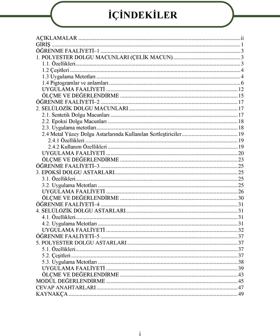 Uygulama metotları... 18 2.4 Metal Yüzey Dolgu Astarlarında Kullanılan Sertleştiriciler... 19 2.4.1 Özellikleri... 19 2.4.2 Kullanım Özellikleri... 19 UYGULAMA FAALİYETİ... 20 ÖLÇME VE DEĞERLENDİRME.