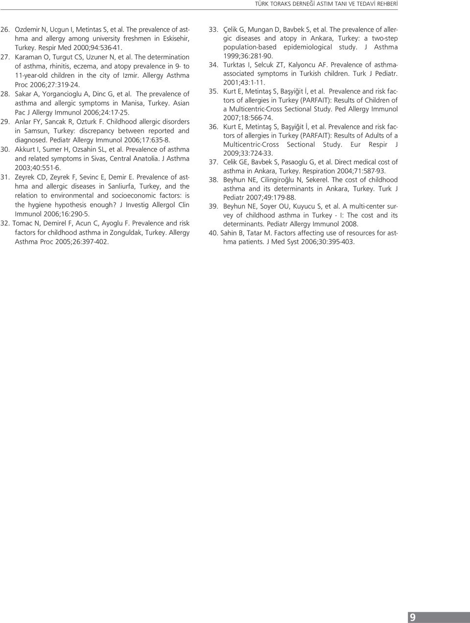 The prevalence of asthma and allergic symptoms in Manisa, Turkey. Asian Pac J Allergy Immunol 2006;24:17-25. 29. Anlar FY, Sancak R, Ozturk F.