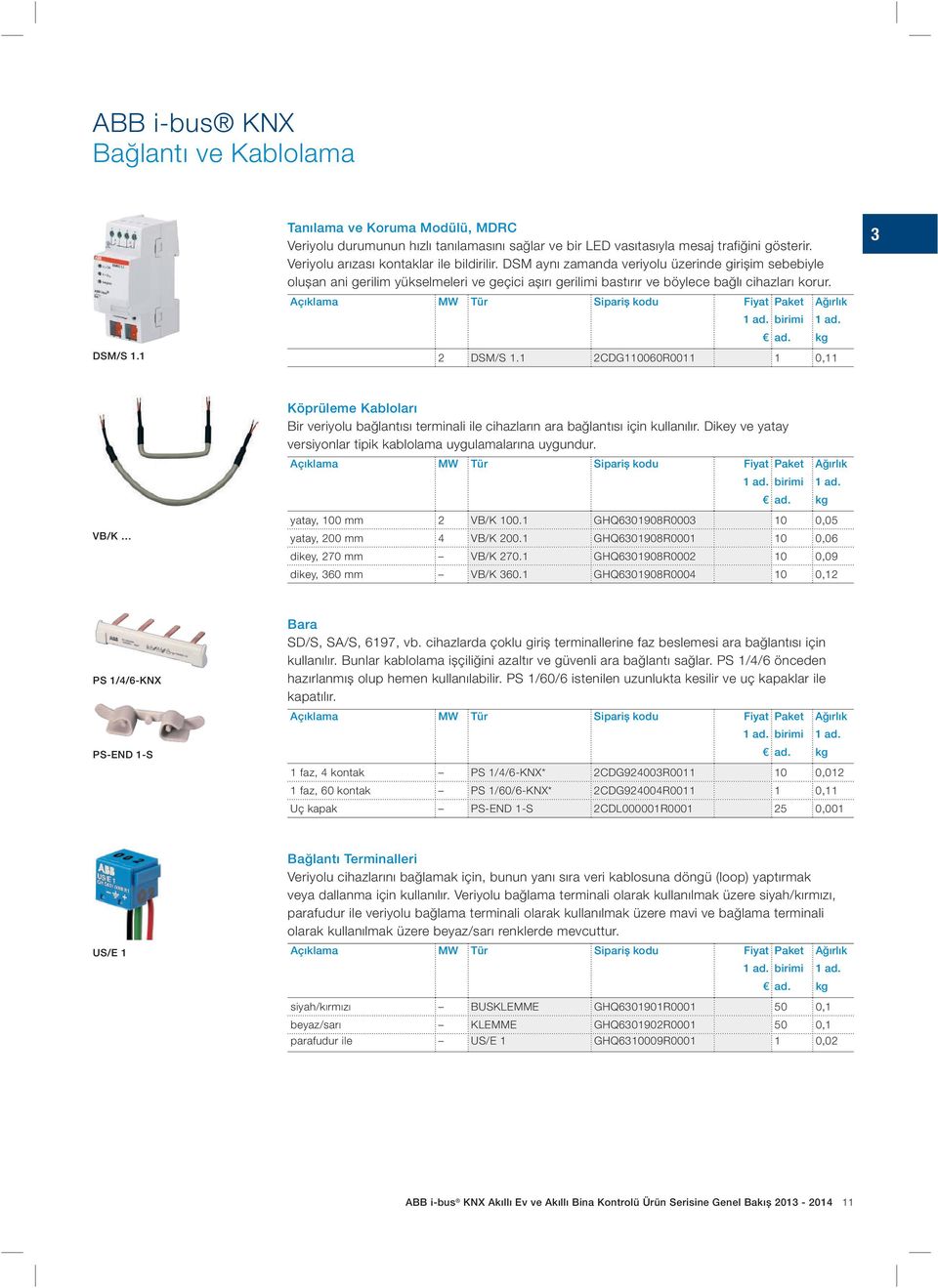 birimi 2 DSM/S 1.1 2CDG110060R0011 1 0,11 3A VB/K Köprüleme Kabloları Bir veriyolu bağlantısı terminali ile cihazların ara bağlantısı için kullanılır.