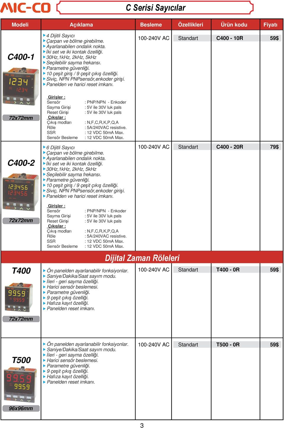 100-240V AC Standart C400-10R 59$ 72x72mm C400-2 Girişler : Sensör Sayma Girişi Reset Girişi Çıkışlar : Çıkış modları Sensör Besleme : PNP/NPN - Enkoder : 5V ile 30V luk pals : 5V ile 30V luk pals :