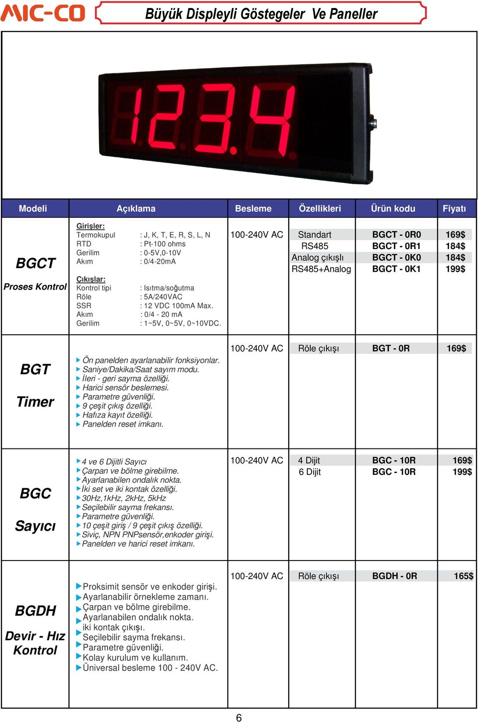 Panelden reset imkanı. 100-240V AC çıkışı BGT - 0R 169$ BGC Sayıcı 4 ve 6 Dijitli Sayıcı Çarpan ve bölme girebilme. Ayarlanabilen ondalık nokta. İki set ve iki kontak özelliği.