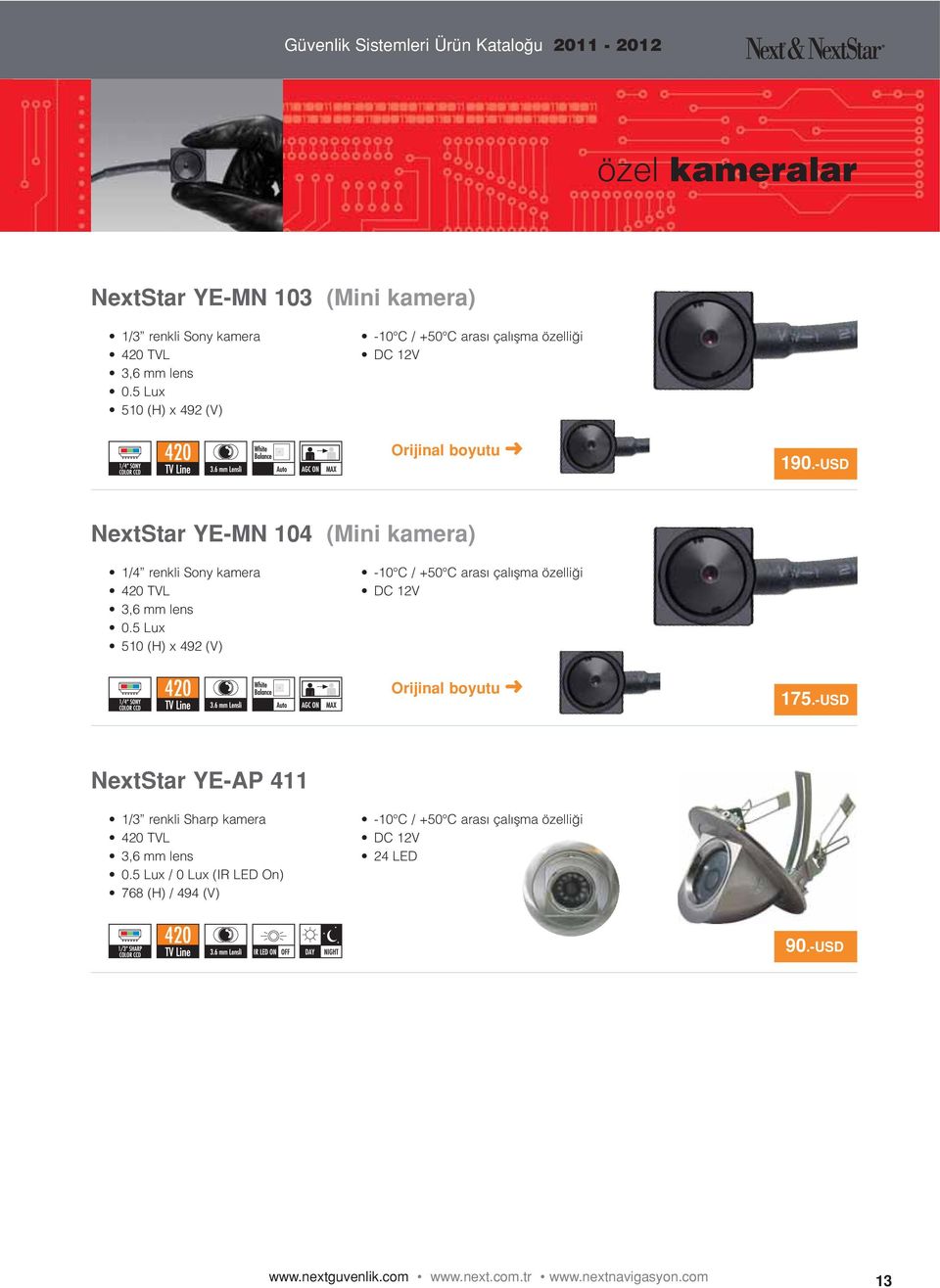 -USD NextStar YE-MN 104 (Mini kamera) 1/4 renkli Sony kamera 420 TVL 3,6 mm lens 0.