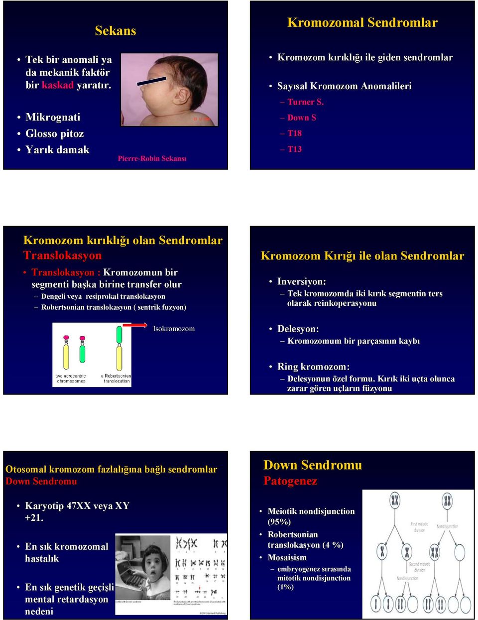 Down S T18 T13 Kromozom kırıklk klığı olan Sendromlar Translokasyon Translokasyon : Kromozomun bir segmenti başka birine transfer olur Dengeli veya resipro iprokal translokasyonsyon Robertsonian