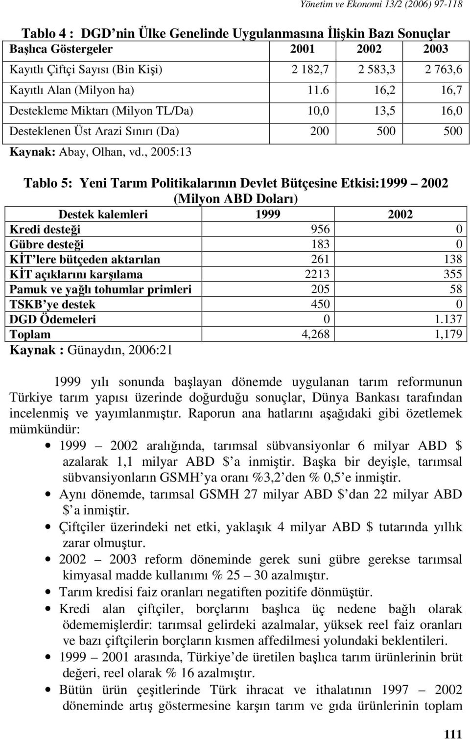 , 2005:13 Tablo 5: Yeni Tarım Politikalarının Devlet Bütçesine Etkisi:1999 2002 (Milyon ABD Doları) Destek kalemleri 1999 2002 Kredi desteği 956 0 Gübre desteği 183 0 KİT lere bütçeden aktarılan 261