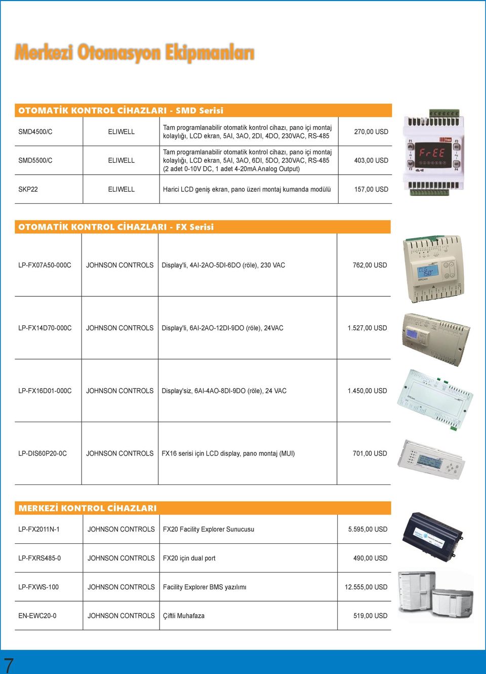 Output) 403,00 USD SKP22 ELIWELL Harici LCD geniş ekran, pano üzeri montaj kumanda modülü 157,00 USD OTOMATİK KONTROL CİHAZLARI - FX Serisi LP-FX07A50-000C JOHNSON CONTROLS Display'li,