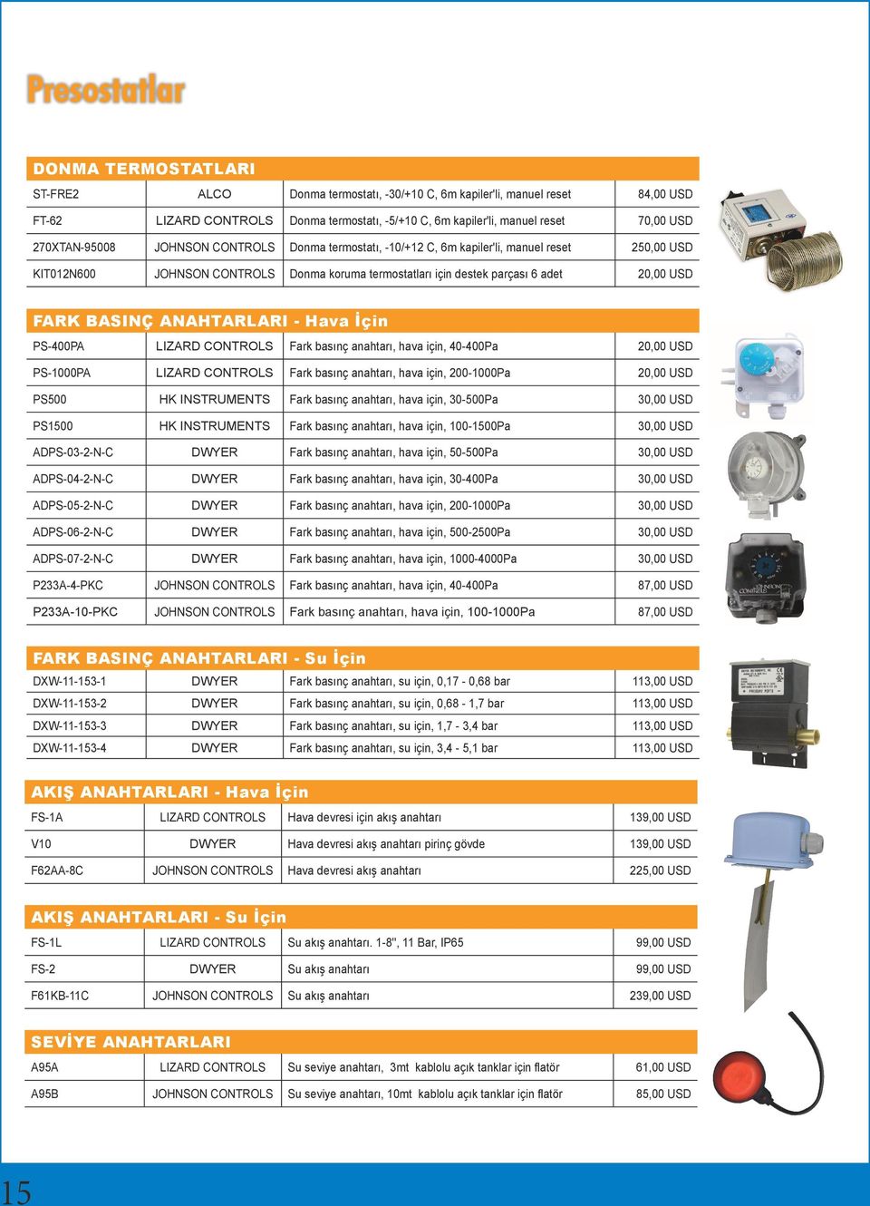 ANAHTARLARI - Hava İçin PS-400PA Fark basınç anahtarı, hava için, 40-400Pa 20,00 USD PS-1000PA Fark basınç anahtarı, hava için, 200-1000Pa 20,00 USD PS500 HK INSTRUMENTS Fark basınç anahtarı, hava