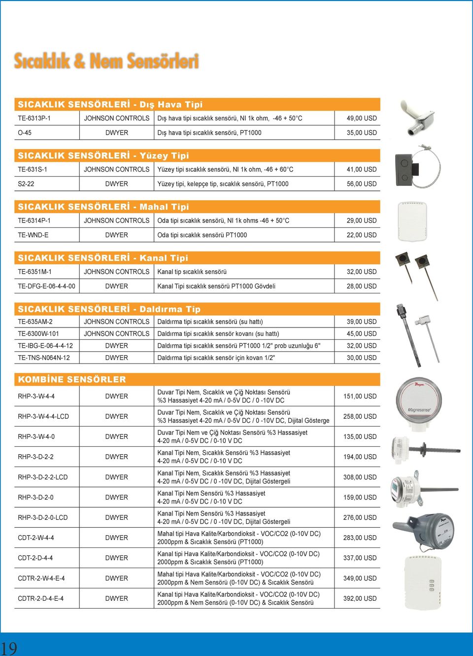 56,00 USD SICAKLIK SENSÖRLERİ - Mahal Tipi TE-6314P-1 JOHNSON CONTROLS Oda tipi sıcaklık sensörü, NI 1k ohms -46 + 50 C 29,00 USD TE-WND-E DWYER Oda tipi sıcaklık sensörü PT1000 22,00 USD SICAKLIK