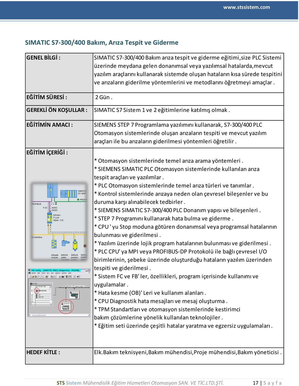 GEREKLİ ÖN KOŞULLAR : SIMATIC S7 Sistem 1 ve 2 eğitimlerine katılmış olmak.