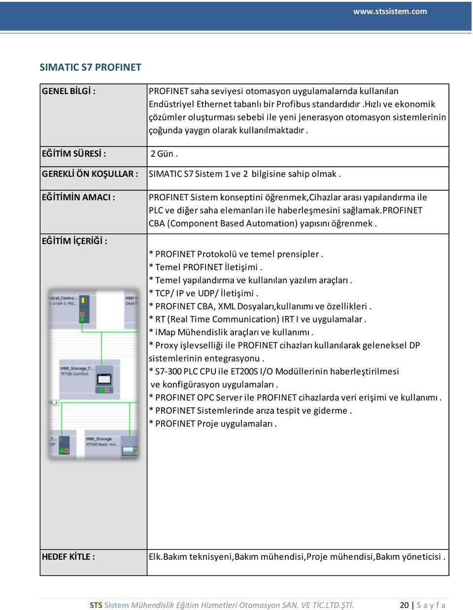 GEREKLİ ÖN KOŞULLAR : SIMATIC S7 Sistem 1 ve 2 bilgisine sahip olmak. PROFINET Sistem konseptini öğrenmek,cihazlar arası yapılandırma ile PLC ve diğer saha elemanları ile haberleşmesini sağlamak.