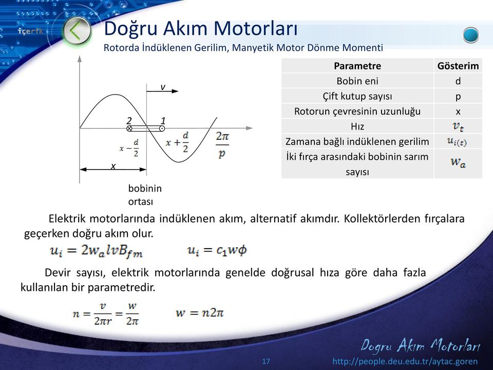 sarım sayısı Gösterim d p x Elektrik motorlarında indüklenen akım, alternatif akımdır.