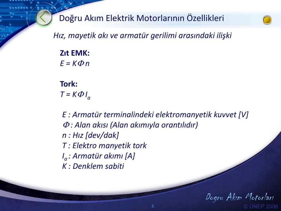 elektromanyetik kuvvet [V] : Alan akısı (Alan akımıyla orantılıdır) n : Hız