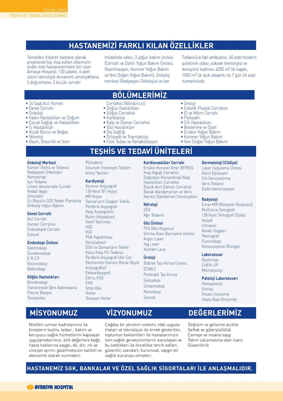 un Bak m ve Yeni Do an Yo un Bak m), Onkoloji merkezi (Radyasyon Onkolojisi ve Ifl n Tedavisi) ve özel ambulans, 40 adet modern poliklinik odas, yüksek teknolojisi ve deneyimli kadrosu 4200 m2 lik