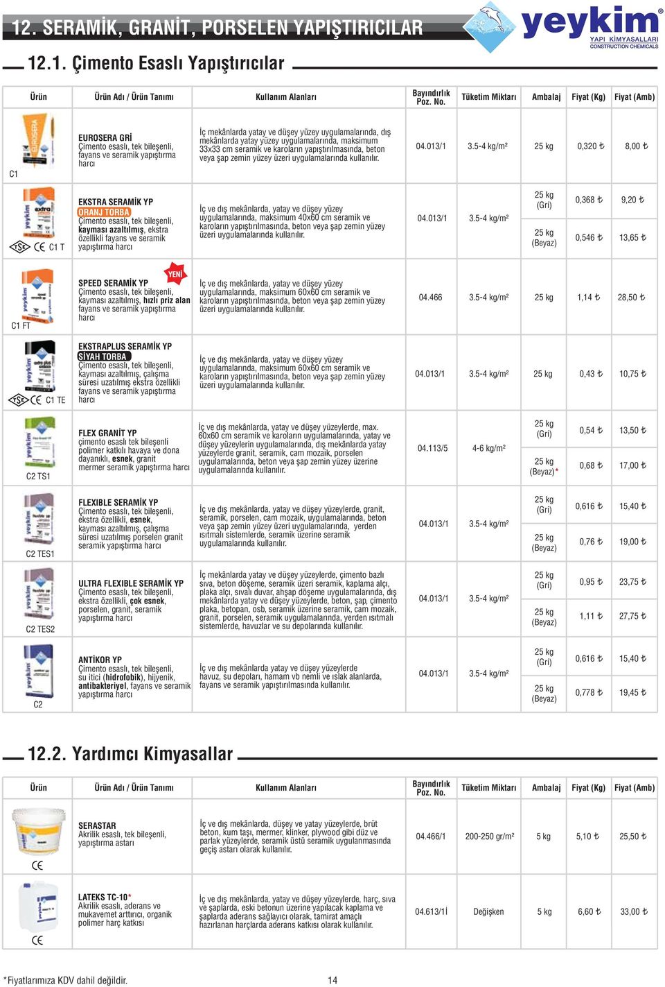 5-4 kg/m² 0,320 8,00 C1 T EKSTRA SERAMİK YP ORANJ TORBA kayması azaltılmış, ekstra özellikli fayans ve seramik yapıştırma harcı İç ve dış mekânlarda, yatay ve düşey yüzey uygulamalarında, maksimum